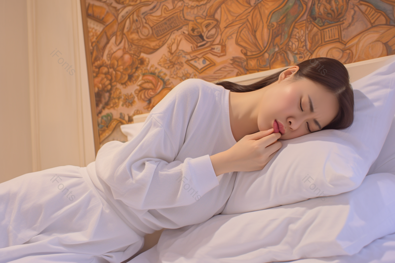 女性不舒服痛经靠着枕头侧躺,高清,摄影图,摄影图片,图片大全,摄影图免费下载
